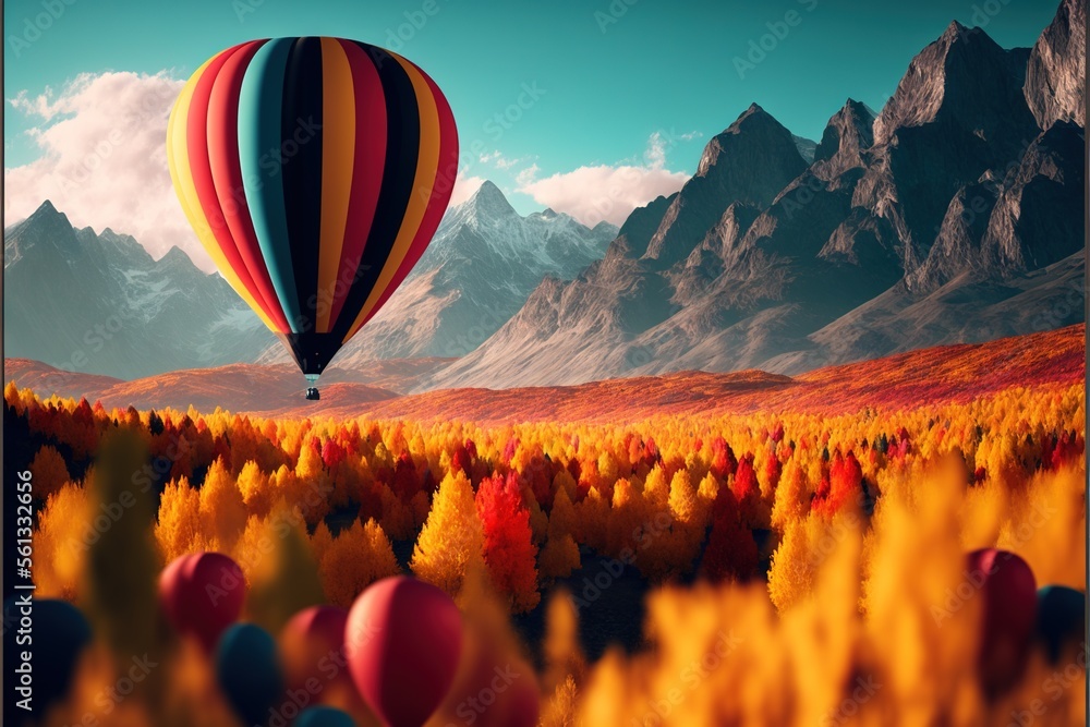 Poster a hot air balloon flying over a field of trees and mountains in the background with a blue sky and c
