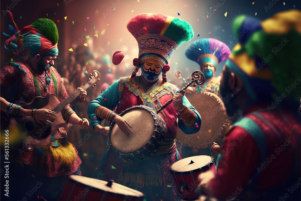 Poster a group of men in colorful costumes playing instruments and singing with confetti falling from the s