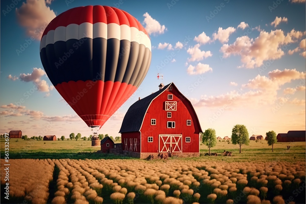 Poster a red barn and a red and white hot air balloon in a field of crops and trees with a blue sky with cl
