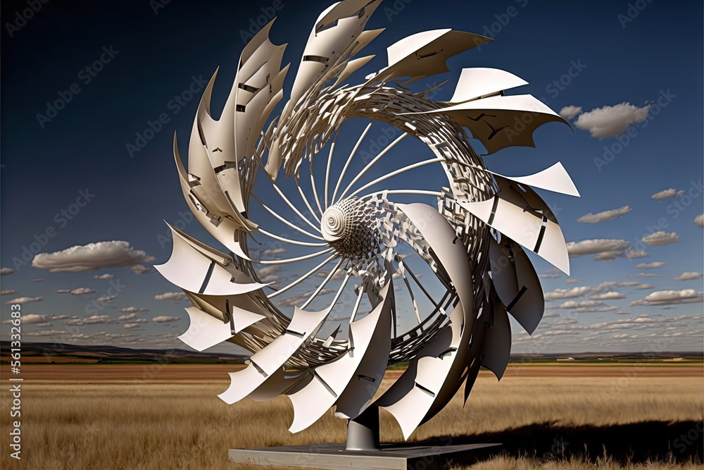 Poster a large metal sculpture in a field of grass and a blue sky with clouds in the background and a few c