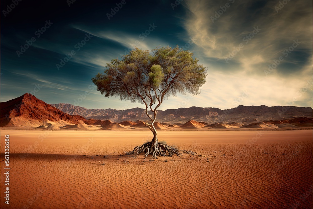 Poster a lone tree in a desert with mountains in the background and a cloudy sky above it, with a few cloud