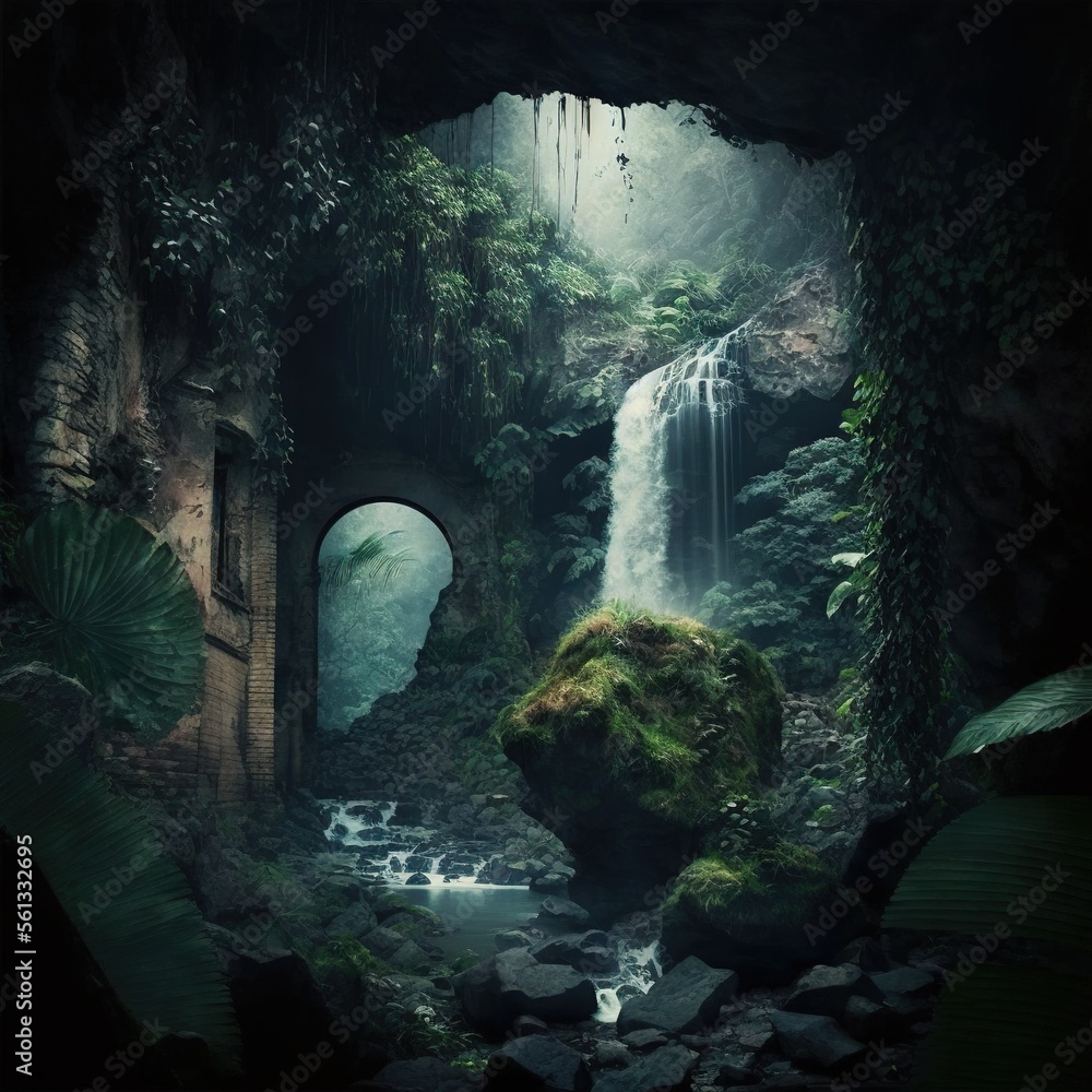 Poster a cave with a waterfall and a cave entrance with a waterfall in the background and a cave door in th