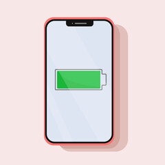 Red mobile phone icon with full charge. Flat design style. Vector illustration.