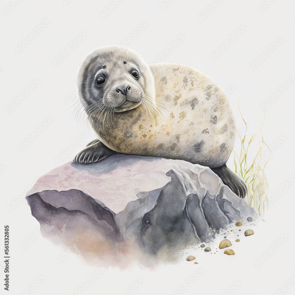 Poster a seal sitting on top of a rock on a white background with a grass and rocks below it and a seaweed 