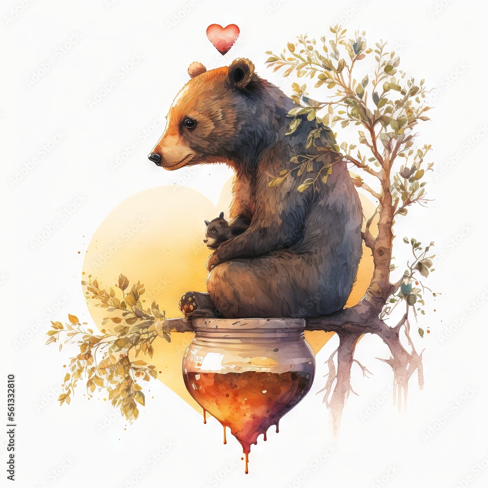 Aufkleber a bear sitting on a tree branch with a jar of honey in front of it and a heart shaped balloon above 