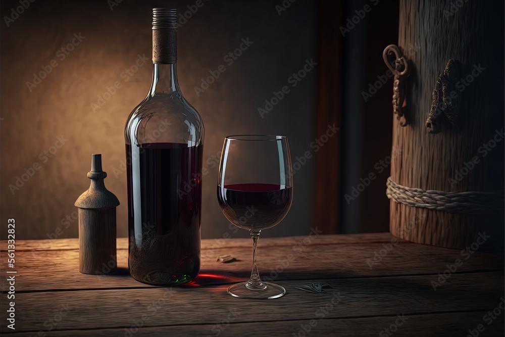 Poster a bottle of wine and a glass of wine on a table with a bottle of wine in the background and a bottle