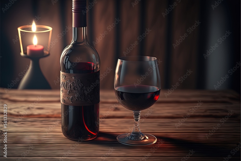 Poster a bottle of wine and a glass of wine on a table with a candle in the background and a candle holder 