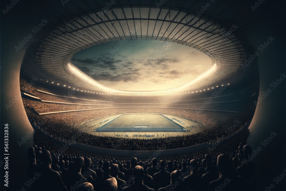 Poster a stadium with a large crowd of people watching a soccer game in progress on a cloudy day with a sky