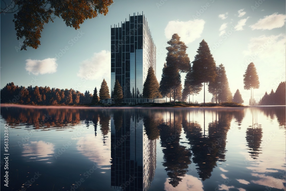 Poster a tall building sitting on top of a lake next to a forest filled with trees and clouds in the sky ab
