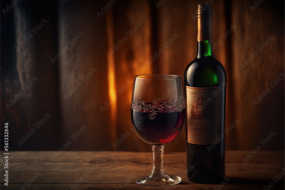 Poster a bottle of wine and a glass of wine on a table with a curtain in the background and a bottle of win
