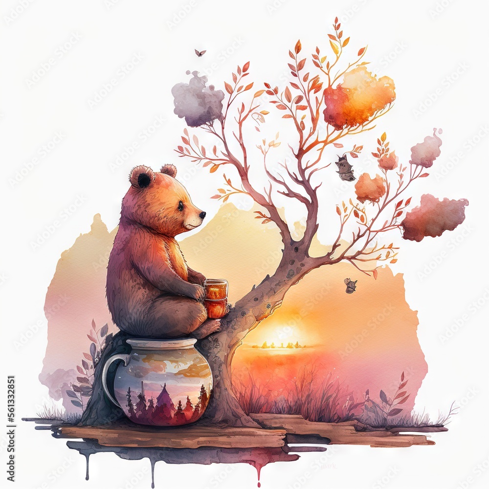 Poster a bear sitting on a tree with a mug in it's hand and a sunset in the background with a tree and a bi