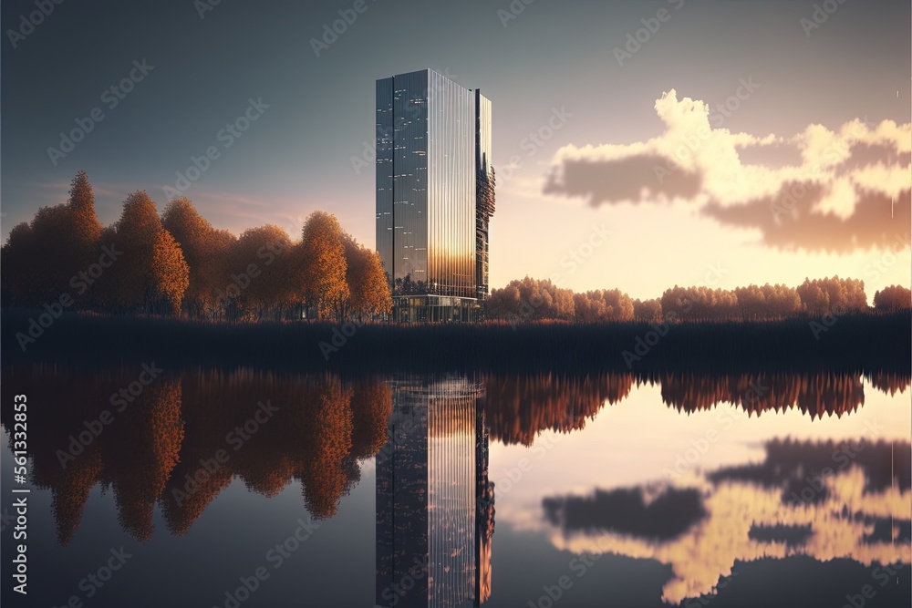 Poster a tall building sitting next to a lake with trees in the background and a sunset in the sky behind i