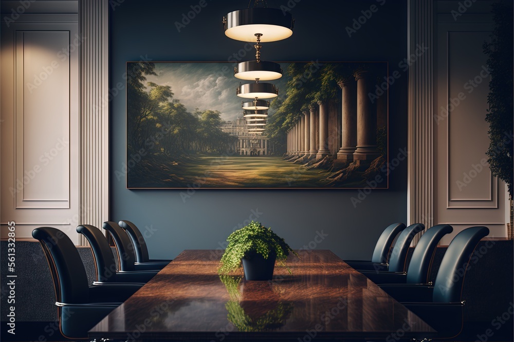 Aufkleber a table with a plant on it in a room with a painting on the wall and chairs around it and a lamp han