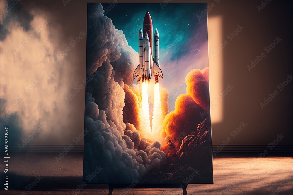 Aufkleber a painting of a space shuttle taking off into the sky with clouds and sun shining on it and a shadow