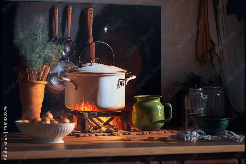Poster a painting of a pot and a bowl on a table with a painting of a pot and a bowl of potatoes on the tab