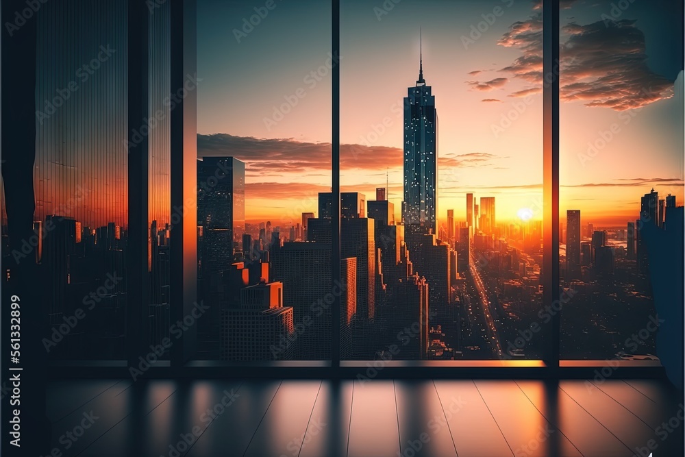 Poster a window view of a city at sunset with a view of skyscrapers and a skyscraper clock tower in the dis