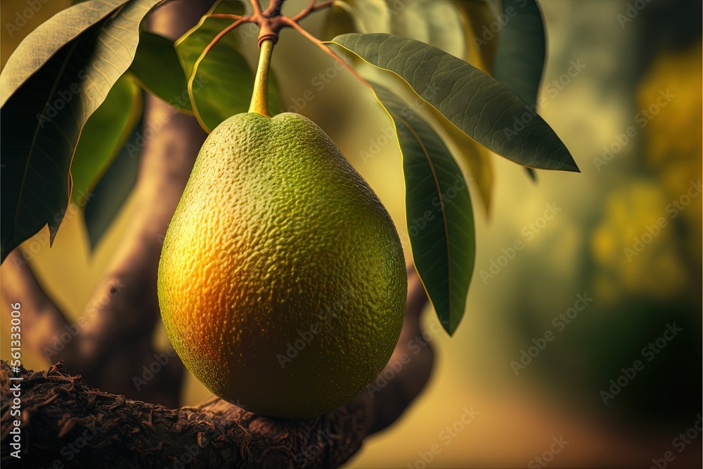 Poster a green fruit hanging from a tree branch with leaves on it's branches and a yellow background behind