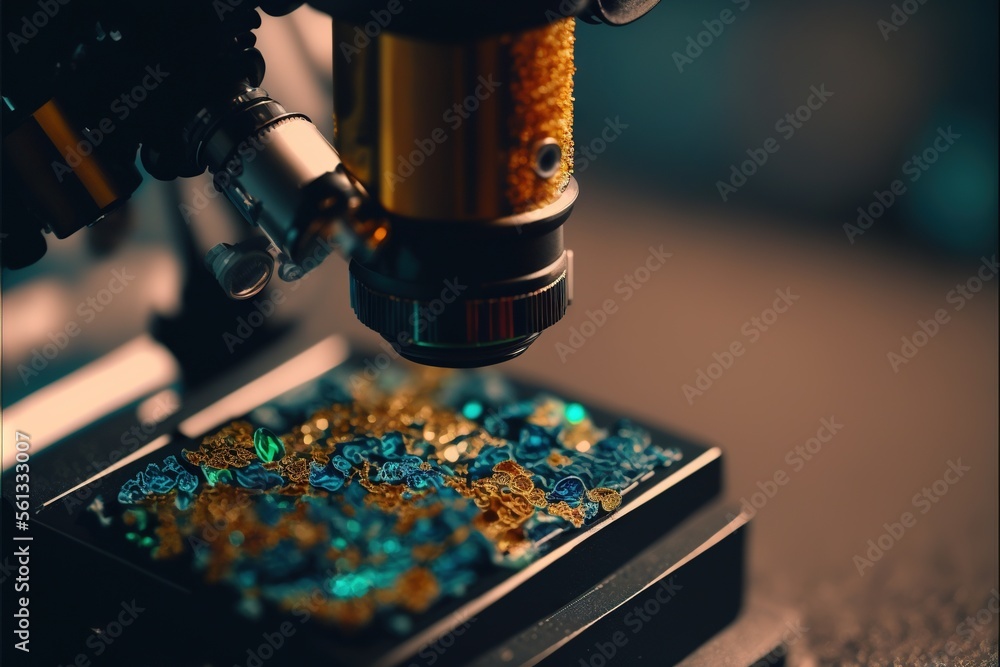 Poster a microscope is looking at a piece of glass with a microscope in it's center and a microscope in the