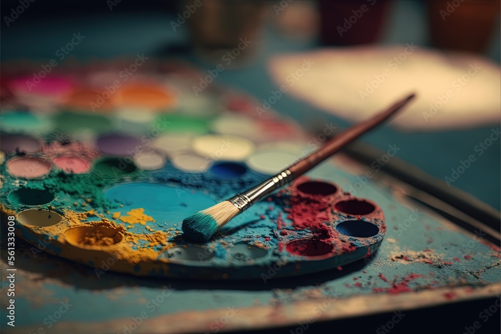 Poster a paint palette with a brush on it and a palette of paint on the table next to it with a blue backgr