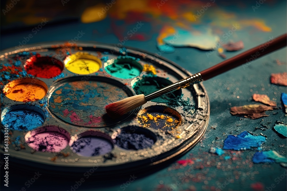Poster  a paint palette with a brush on it and a palette of paint on the table next to it with a variety of colors on it and a blue background with a few other colors of. generative ai