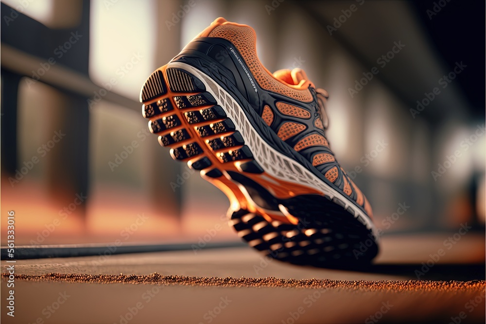 Poster a close up of a person's running shoe on a sidewalk in a city setting with sunlight streaming throug