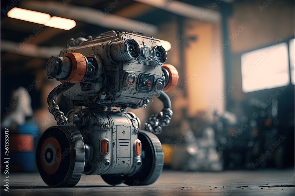 Poster a robot is sitting on a table in a garage with tools in the background and a window in the backgroun