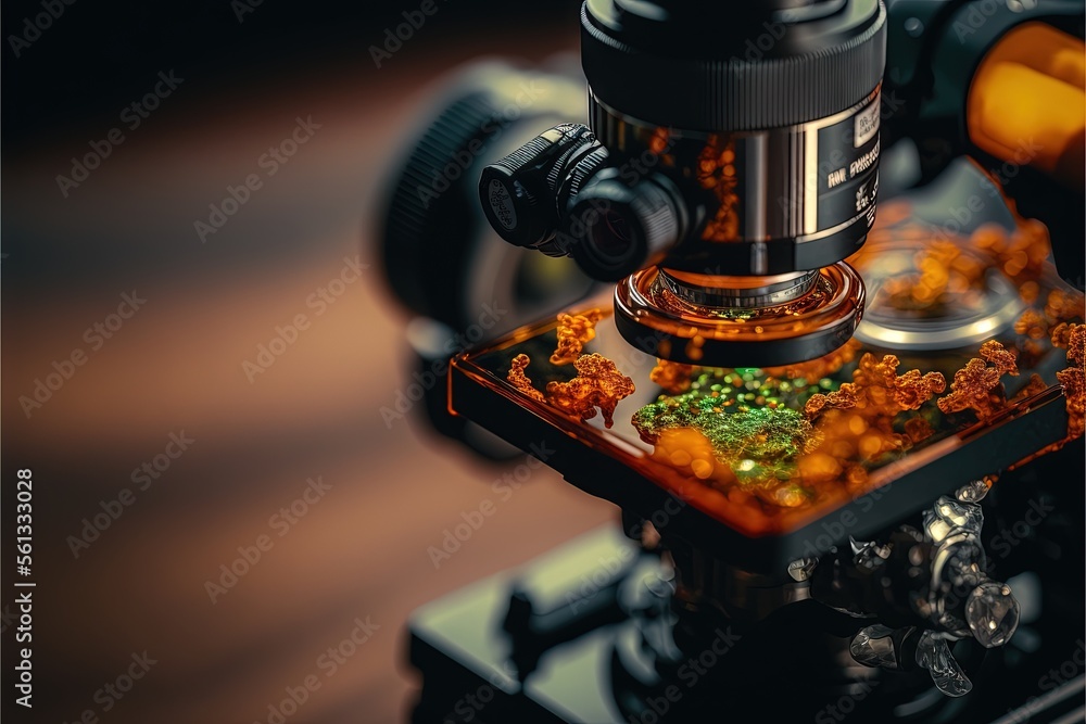Poster a microscope is shown with a mixture of food in it's holder and a camera in the background with a le