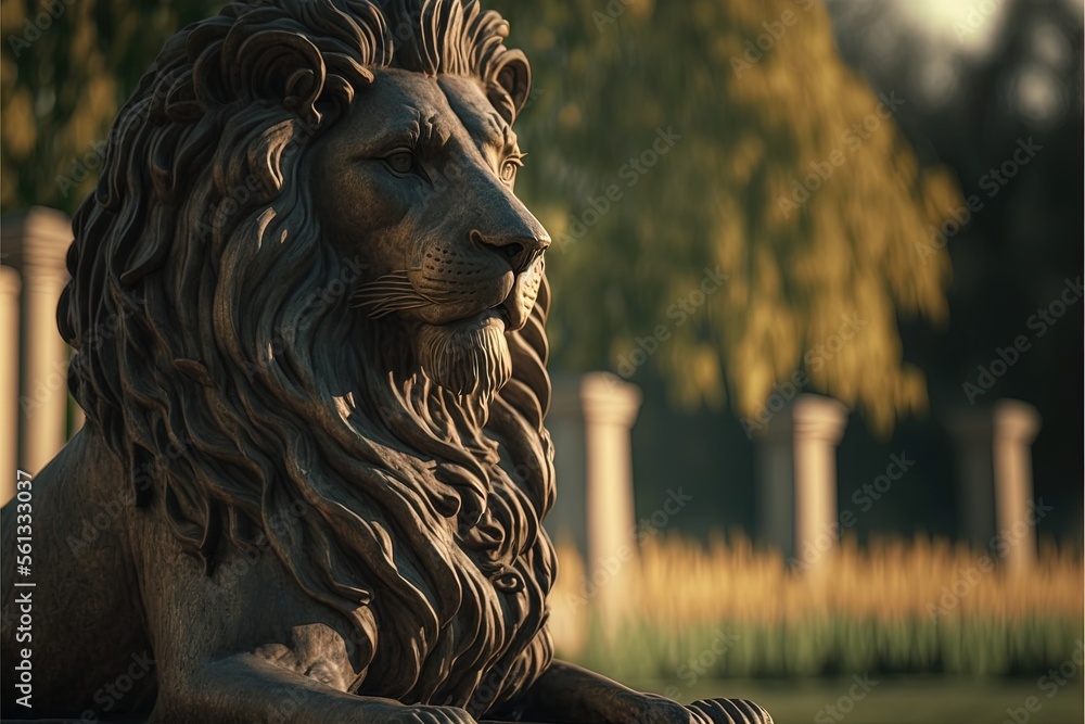 Poster a statue of a lion sitting in a park area with a fence in the background and trees in the background