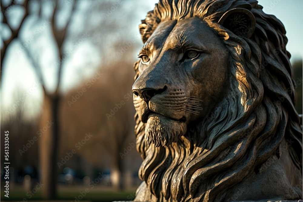 Poster a statue of a lion is shown in a park setting with trees in the background and a blue sky in the bac