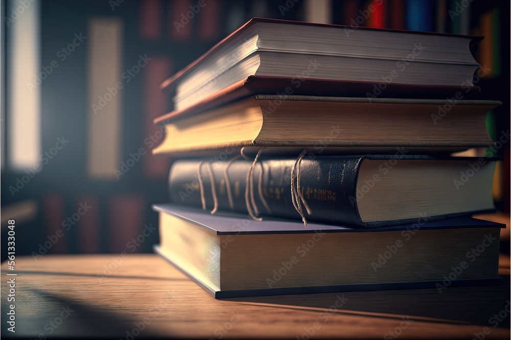 Poster a stack of books sitting on top of a wooden table next to a window with a curtain in the background 