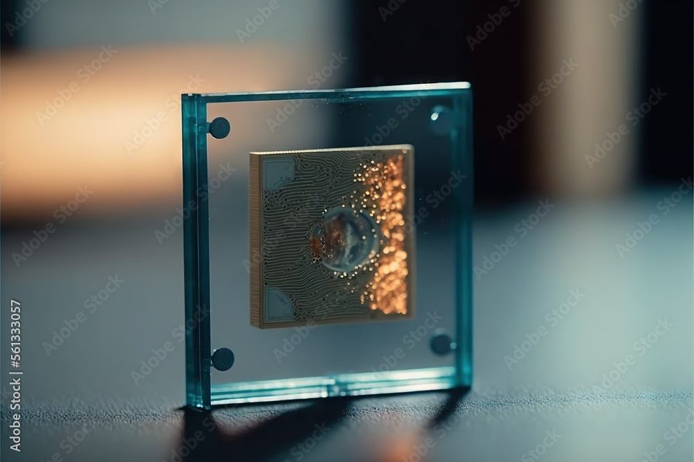 Poster a glass block with a picture of a person inside of it on a table top with a light shining on it and 