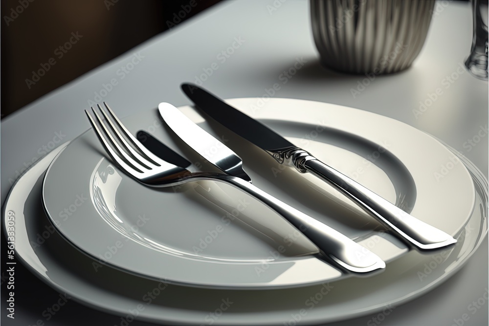 Poster a plate with a knife and fork on it next to a cup and a vase with a flower in it on a table top with