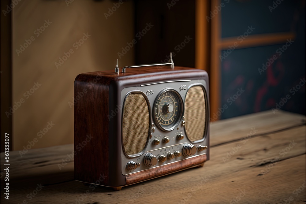Poster a small radio sitting on top of a wooden table next to a wall with a clock on it's side and a key on