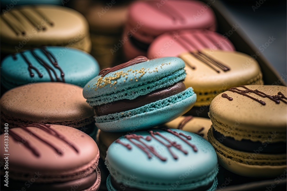 Poster a box of colorful macaroons with chocolate drizzles on them and a chocolate drizzle on top of them, 