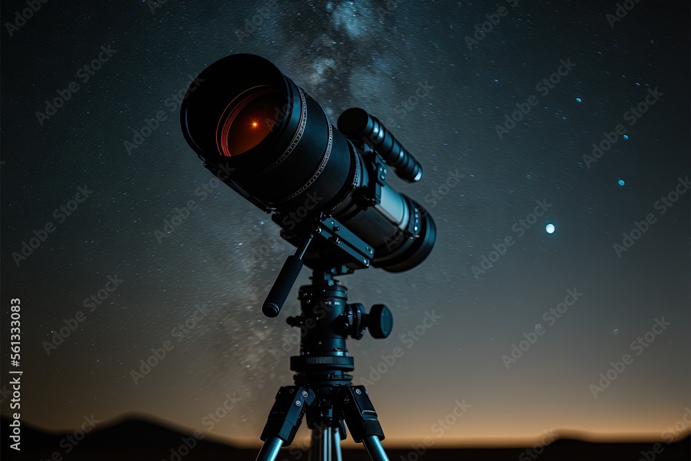 Aufkleber a telescope on a tripod with a night sky in the background and stars in the sky above it, with a bri