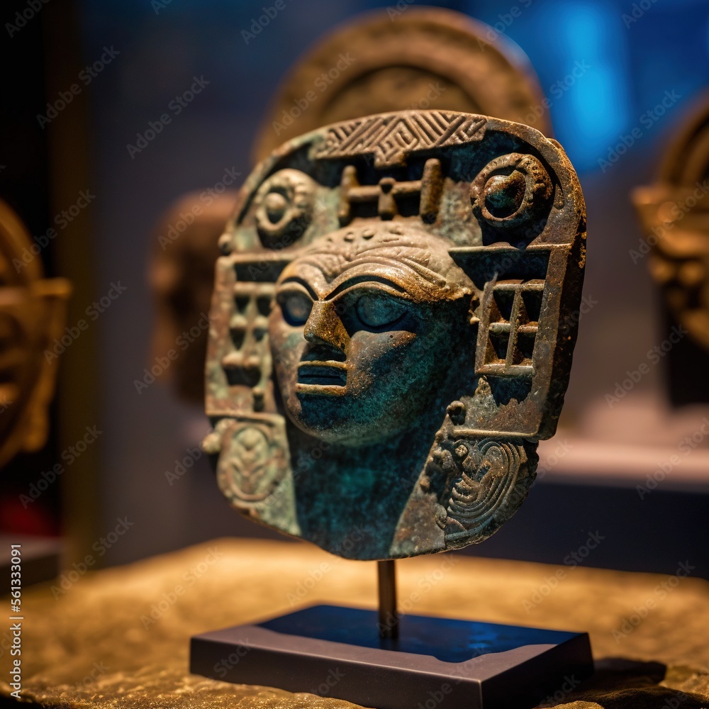 Poster a bronze head on a stand in a museum display case with other artifacts in the background and a blue 