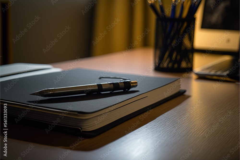 Poster a notebook with a pen and a laptop on a desk in the background, with a vase of flowers in the foregr