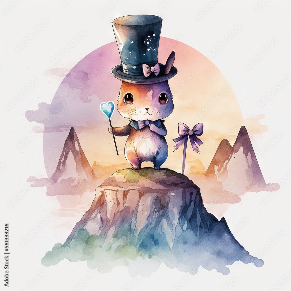 Poster a rabbit with a top hat and a bow tie on a mountain top with a bow tie on it's head and a heart in h