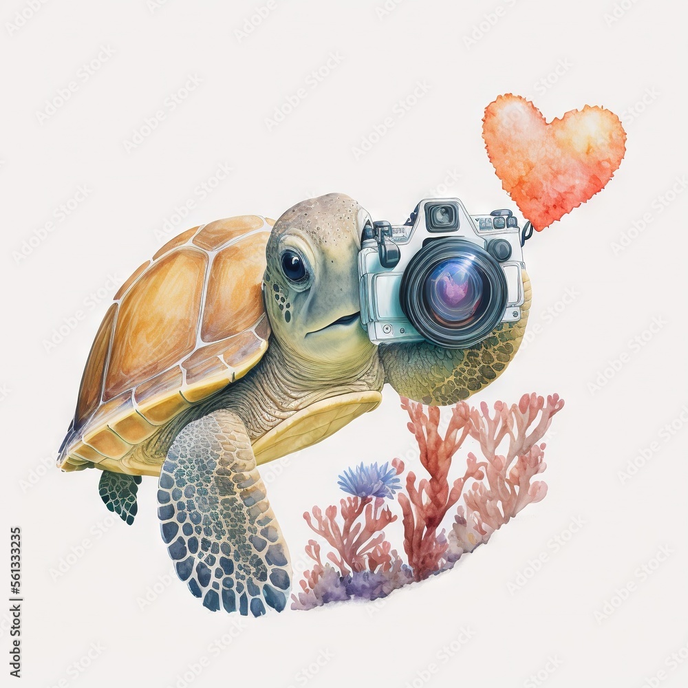Poster a painting of a turtle taking a picture of a heart shaped object with a camera on its back and a hea