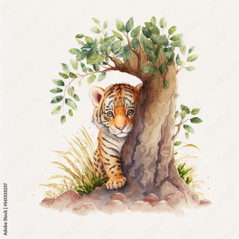 Poster a tiger cub is sitting in the shade of a tree, looking out from behind a tree trunk, with a white ba