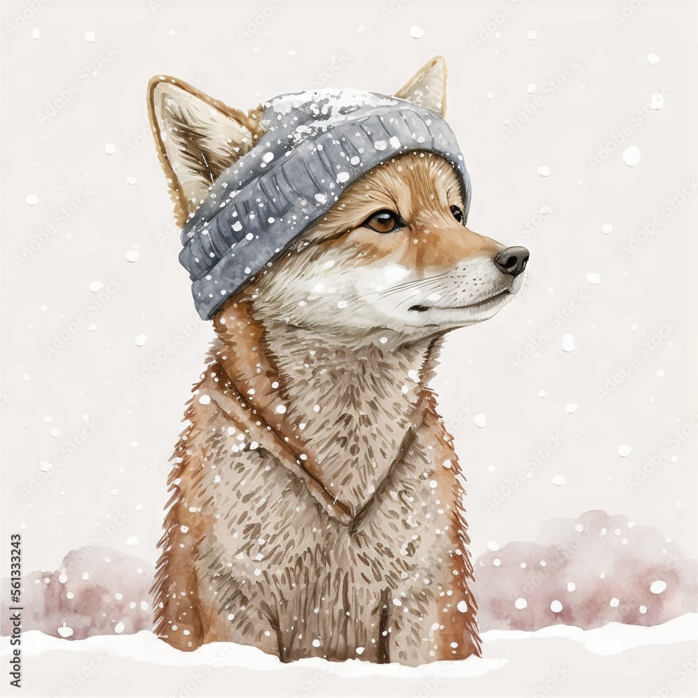 Poster a dog wearing a hat and scarf in the snow with snow falling around it's head and a pink background w