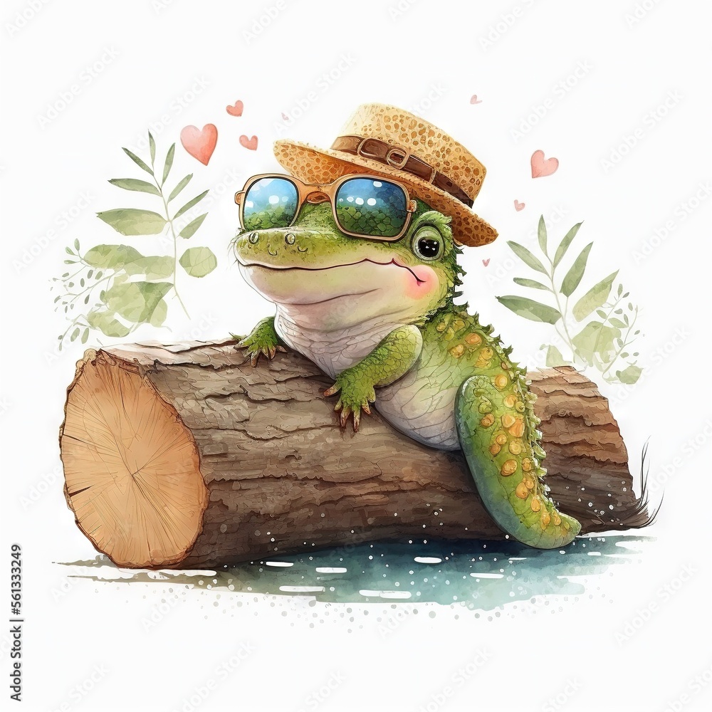 Poster a frog wearing a hat and sunglasses sitting on a log with a heart shaped branch in the background an