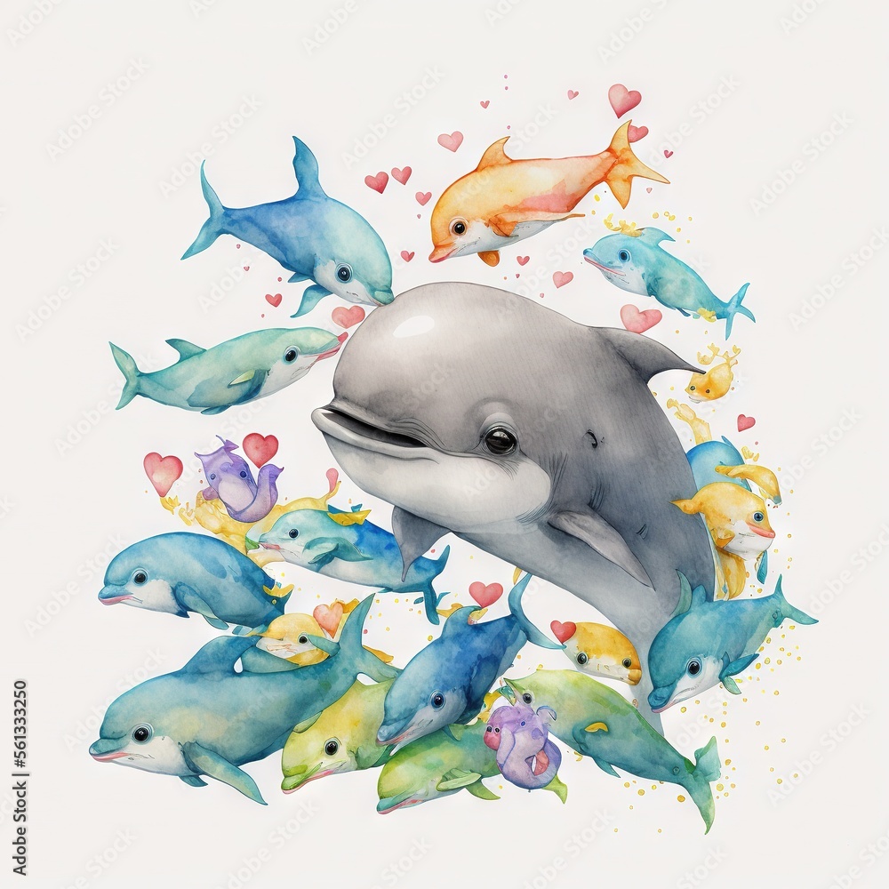 Poster a dolphin surrounded by many small fish in a circle of hearts and hearts on a white background with 