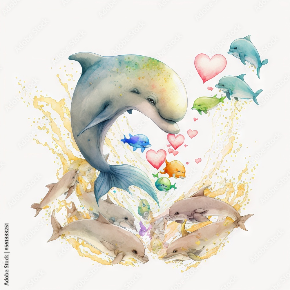 Poster a painting of a dolphin surrounded by dolphins and hearts on a white background with a splash of pai