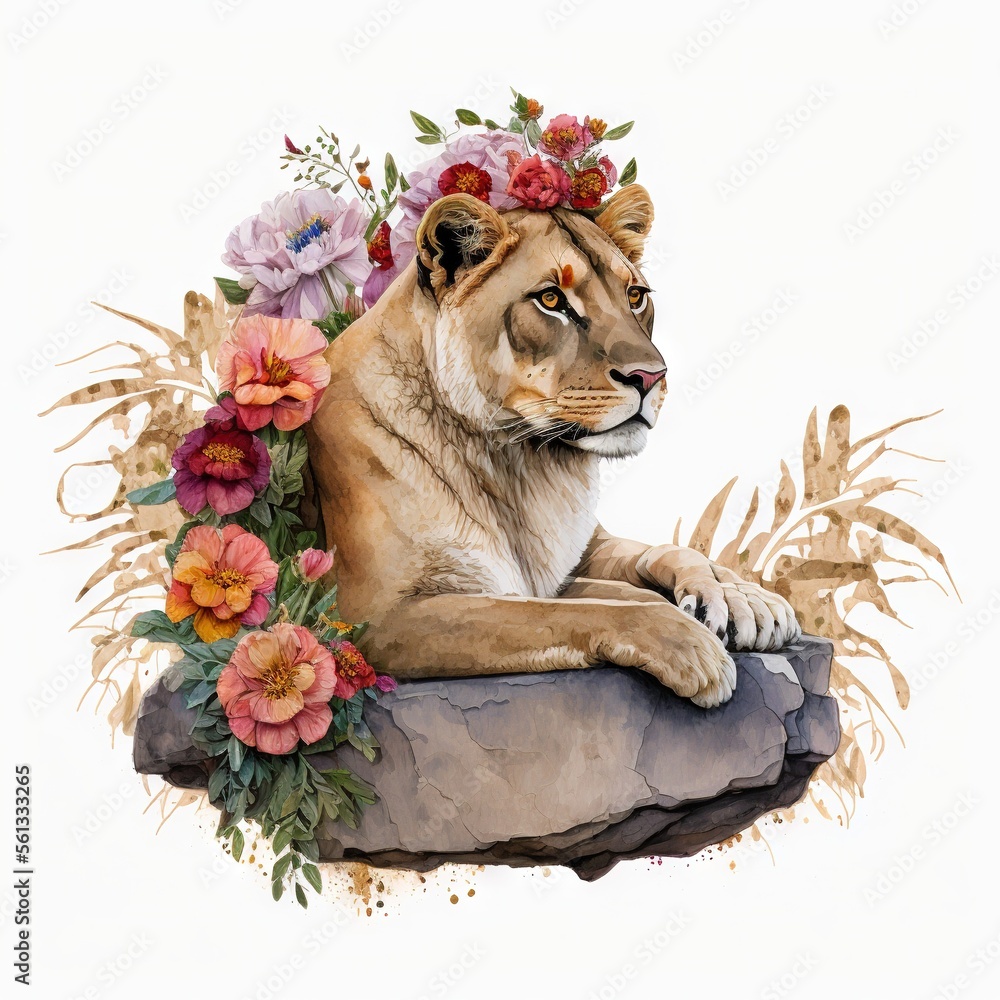 Poster a painting of a lion with flowers on its head sitting on a rock with a white background and a white 