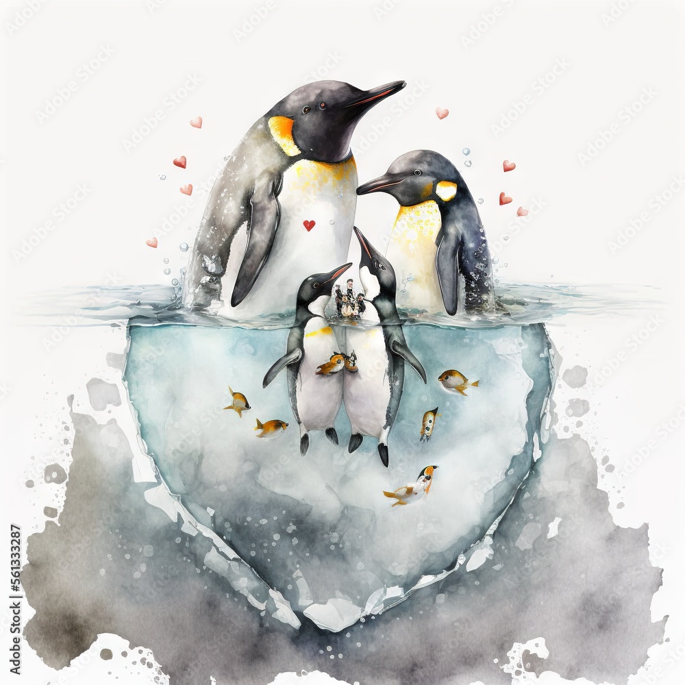 Sticker a group of penguins floating on top of an iceberg in the water with hearts floating around them and 