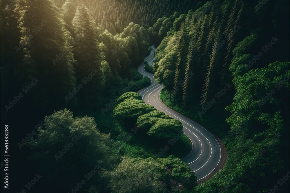 Aufkleber a winding road in the middle of a forest with a sunbeam in the background and a forest with tall tre