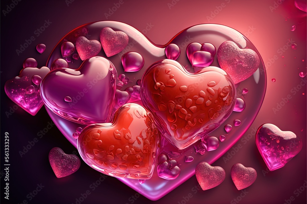 Poster a bunch of hearts that are on a table together with water droplets on them and a pink background wit