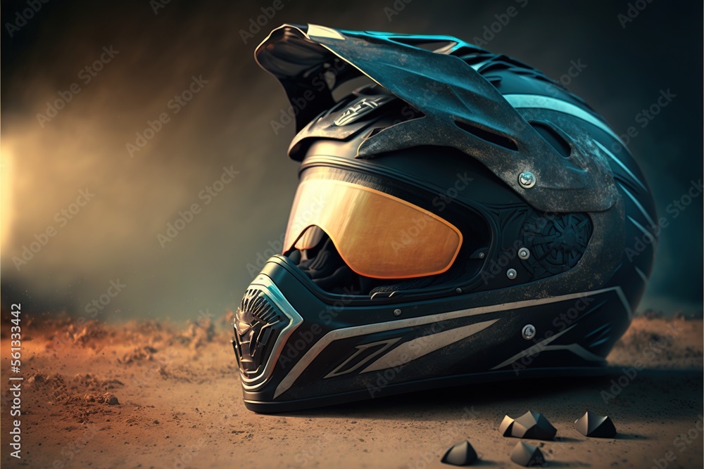 Poster a helmet with a visor and goggles on it sitting on the ground with a few pieces of metal in front of