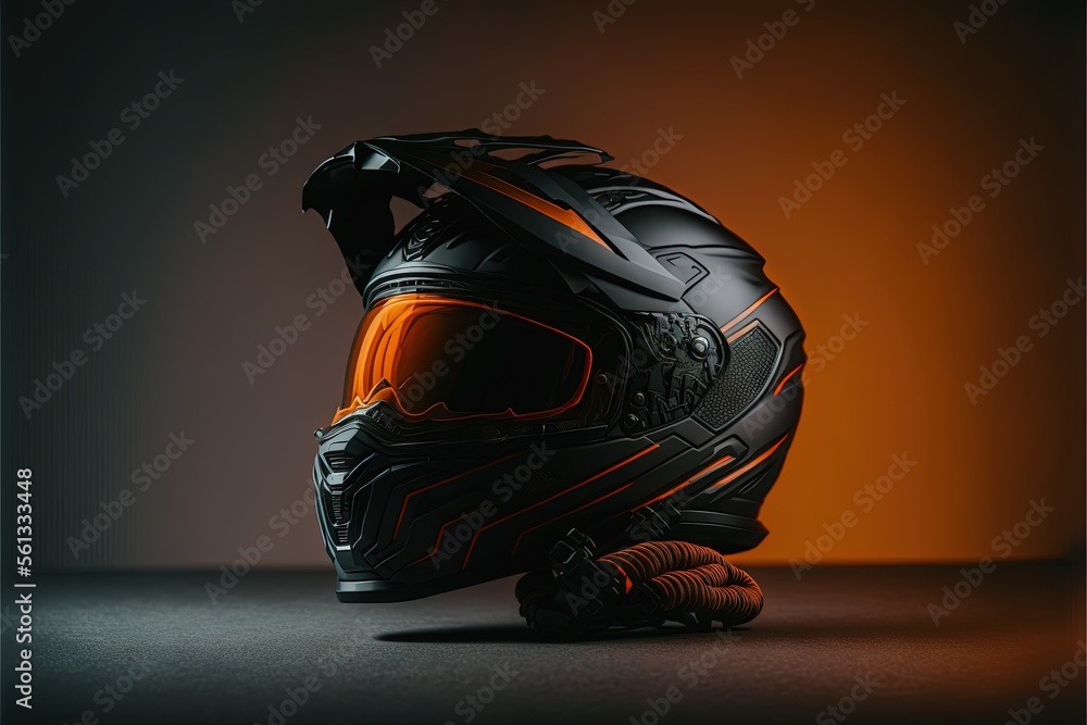 Poster a helmet sitting on top of a table next to a pair of shoes on the floor in front of a wall and a bla